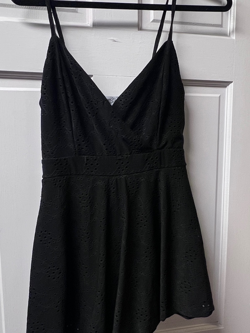 Rue21 Black Eyelet Spaghetti-Strap Mini Dress ROMPER. Has shorts underneath.
